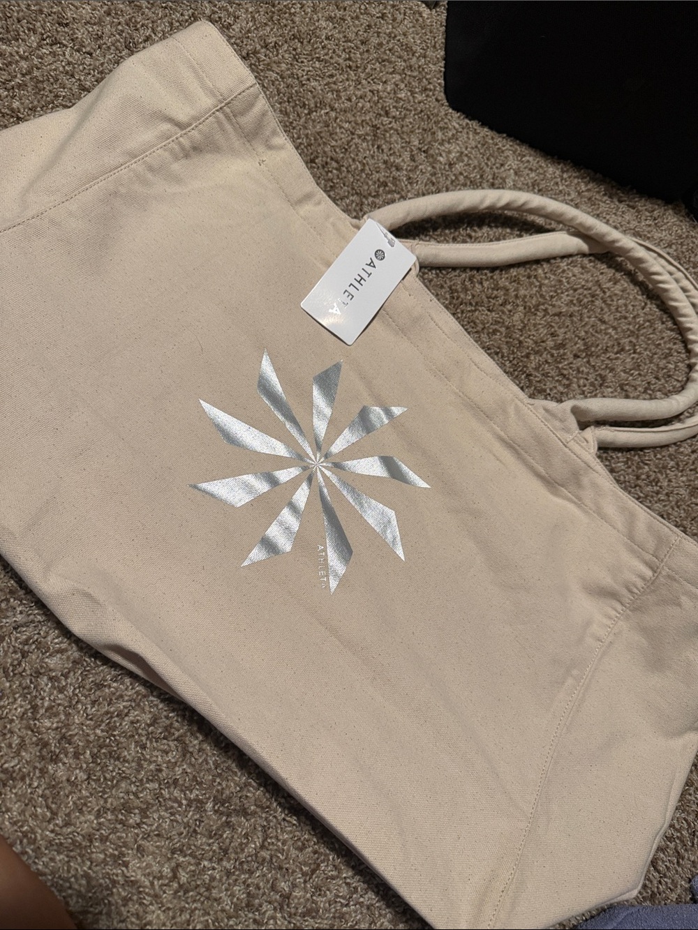 Large Athleta 100% cotton canvas tote w/silver metallic logo on both sides - NWT
